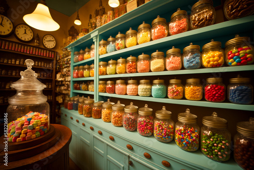 Store filled with lots of different types of candies and candy in glass jars. Generative AI.