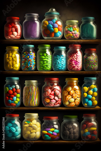 Shelf filled with jars filled with different types of candies and lollipops. Generative AI.