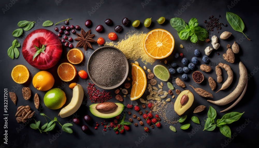 Selection of healthy food on rustic wooden background, generative ai