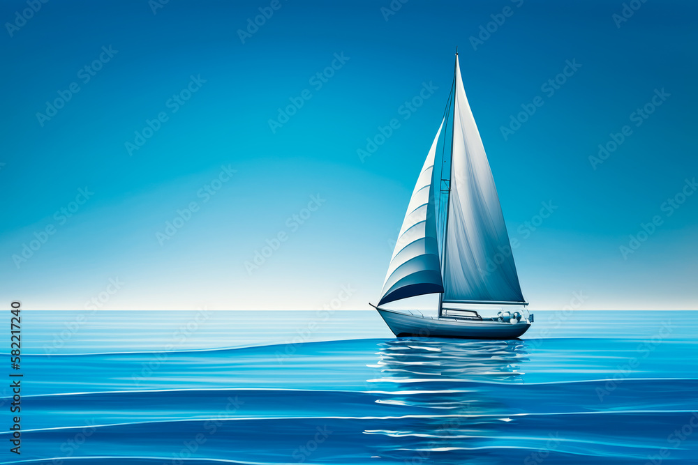 Image of sailboat in the ocean with bright blue sky in the background. Generative AI.