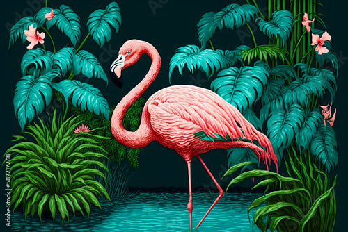 Image of pink flamingo standing in pond of water surrounded by tropical plants. Generative AI.