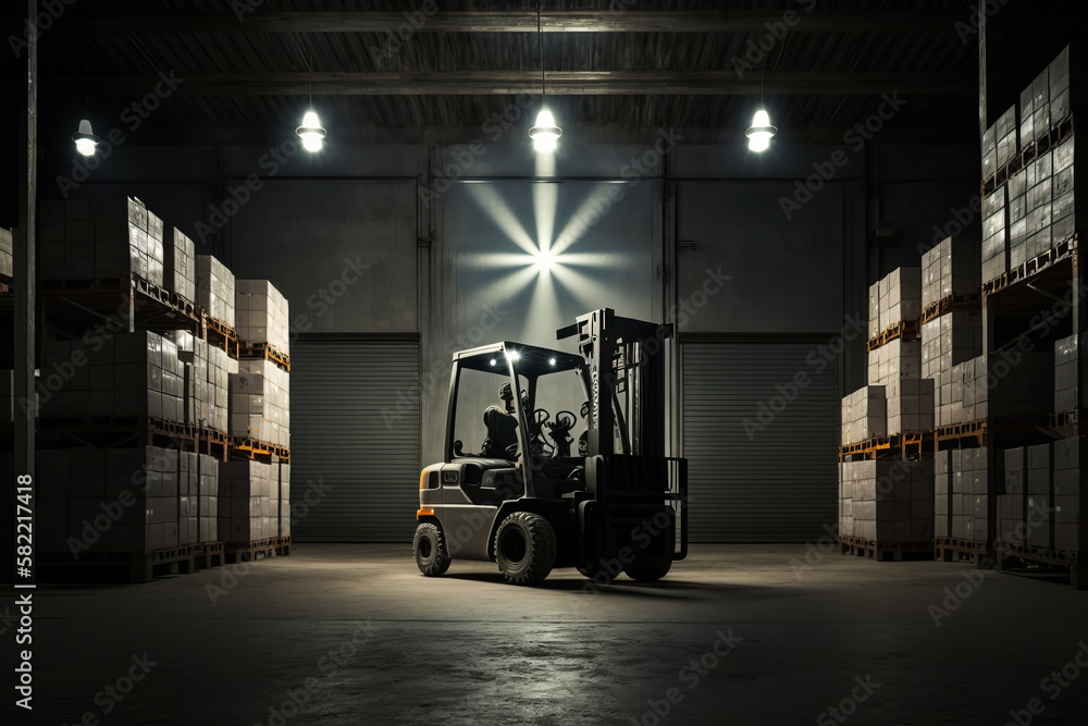 Forklift driving through warehouse with pallets stacked on the side of it. Generative AI.