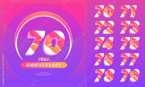 Number sets 70-79 year anniversary celebration.  logotype style with handwriting violet color for celebration event, wedding, greeting card, and invitation. photo
