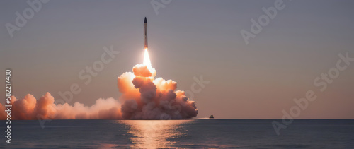 The launch of a strategic missile from the water area, hitting the target. Generative AI.