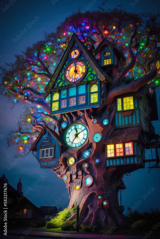 Tree house with clock built into the side of it with lights on it. Generative AI.