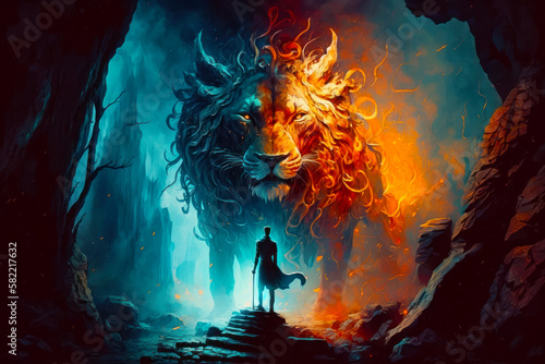 Image of man standing in front of lion with sword in his hand. Generative AI.