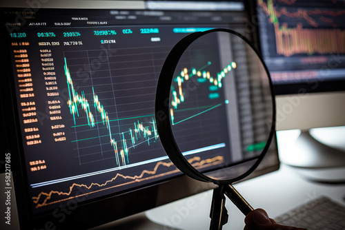 Person holding magnifying glass looking at computer screen with stock chart on it. Generative AI.