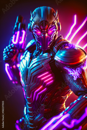 Close up of person in futuristic suit with neon lights on their body. Generative AI.