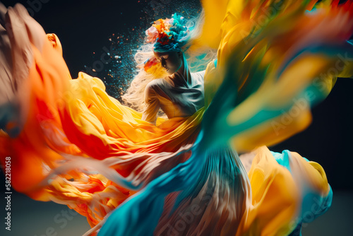 Woman wearing colorful dress and flower in her hair is flying through the air. Generative AI.