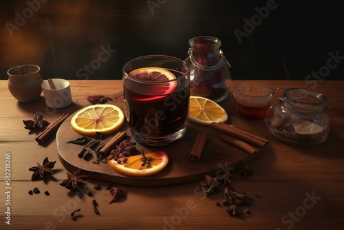 Mulled wine with spices red wine orange badian wood generative ai