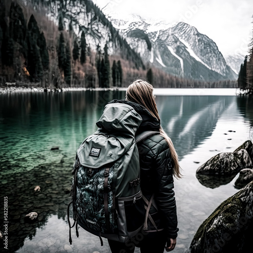 A stunning winter landscape of snow-capped mountains reflects in the still waters of the K�nigssee in Germany, the pristine beauty of nature captured in all its glory. - generative ai