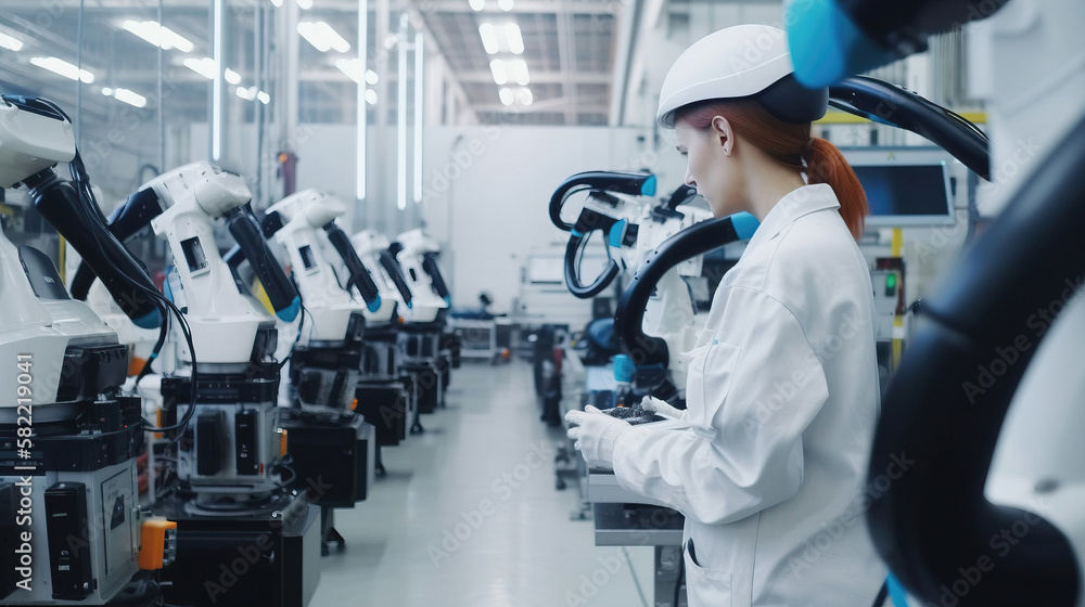 Engineer in a modern factory. Industry 4.0 machine maintenance. generative AI Engineer in a modern factory. Industry 4.0 machine maintenance. generative AI