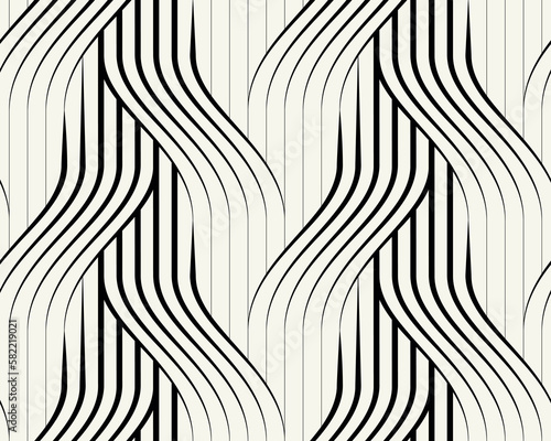 Seamless pattern with geometric waves. Endless stylish texture. Striped monochrome background. Bold weavy grid. Bold interlaced swatch.