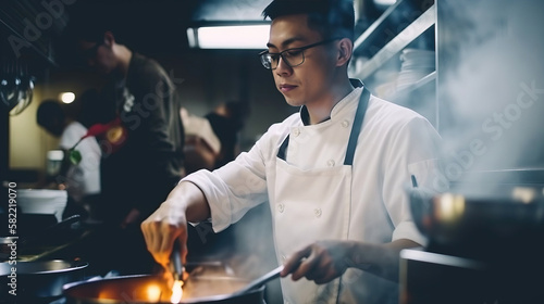 Portrait of a asian male cook in a restaurant kitchen. generative AI	
