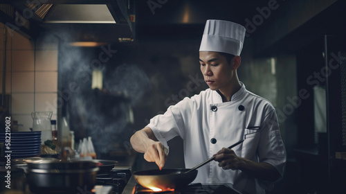 Portrait of a asian male cook in a restaurant kitchen. generative AI 