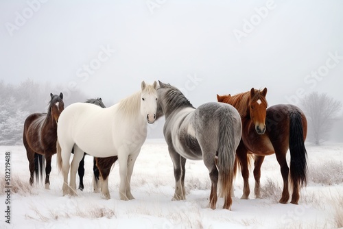Resilient Horses Standing Together in a Snow-Covered Winter Field, Exemplifying Strength and Companionship