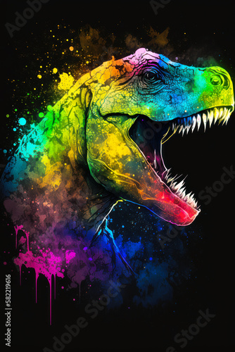 t-rex is painted in rainbow colors on black background. Generative AI.
