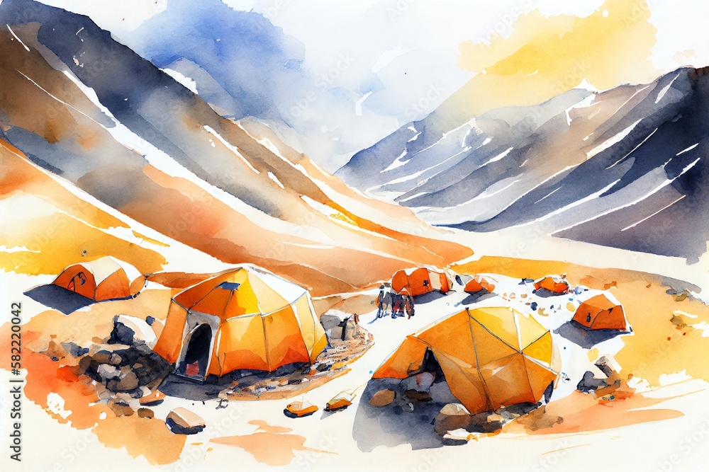 Watercolor Illustration of a Tent Camp And Orange Tents On The Plateau ...
