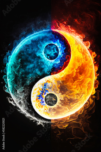 The yin and yang symbol in fire and blue. Generative AI.