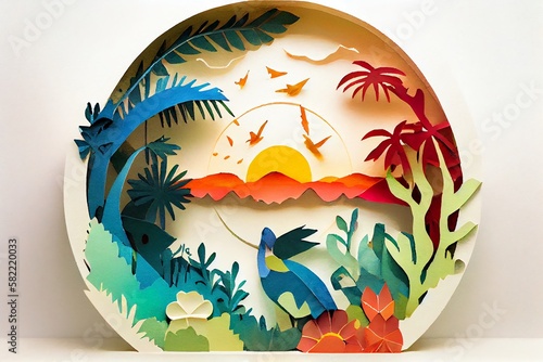 Watercolor Illustration of a Summer Circle Tropical Jungle Papercut Diorama. Origami Tree. Generative AI