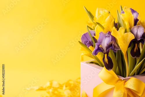 Irises flowers on bright yellow spring background, Mother day, Easter concept, festive background with gift box for greeting. Generative Ai