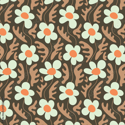 Groovy pattern daisy flower and melting leaf on black background. Funky retro aesthetic print for modern fabric design with melting organic shapes.