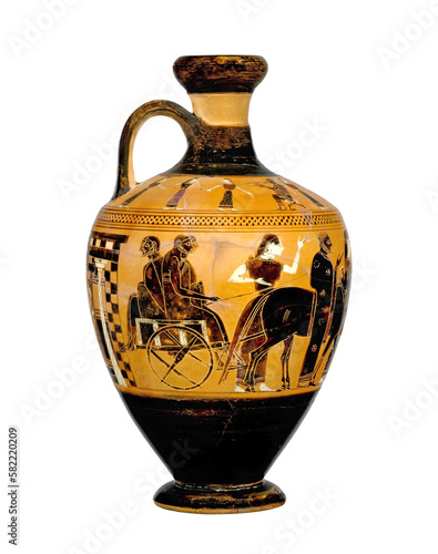 Terracotta oil flask lekythos from ancient Greece isolated
