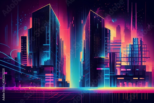 Watercolor Illustration of a Smart City And Big Data Concept. Futuristic Cityscape At Night With Neon Colors. City Infrastructure Hologram. Generative AI