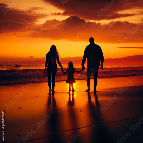 Silhouette of family standing on the beach at sunset. Generative AI.