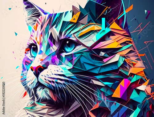 An abstract image of cat with colorful geometric shapes. Generative AI.