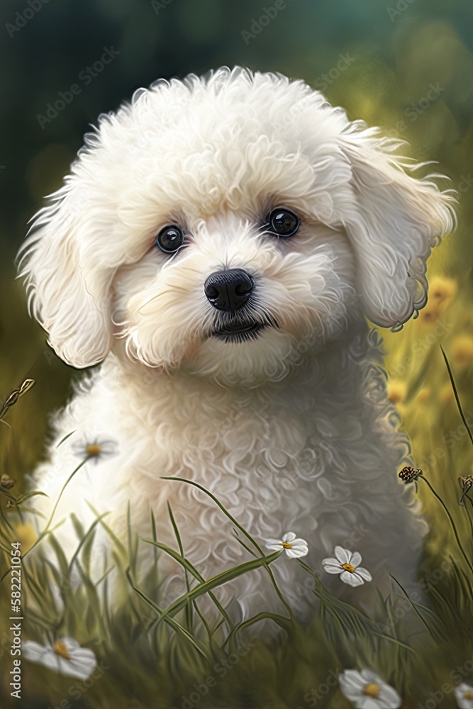 Adorable Bichon Frise Puppy Sitting in the Grass - Cute Domestic Dog Pet. Generative AI Adorable Bichon Frise Puppy Sitting in the Grass - Cute Domestic Dog Pet. Generative AI