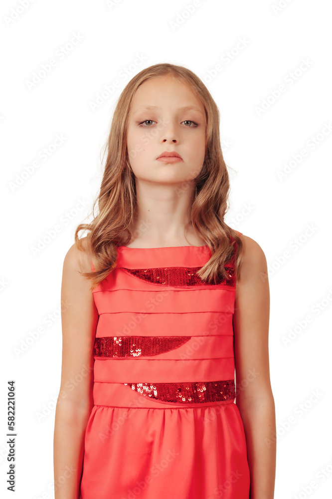 Test snapshot portrait of stylish little girl model in pink dress posing isolated empty white background, looking at camera. Adorable girl shooting in studio. Modelling concept. Copy text space for ad