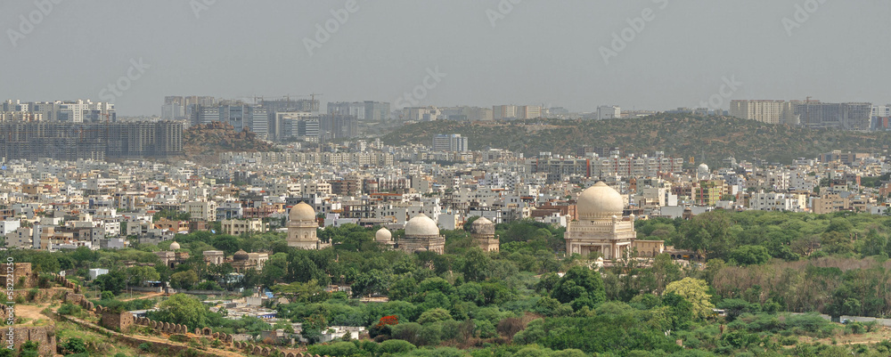 The tombs of Qutb Shahi near the Golconda Fort in Hyderabad, India.