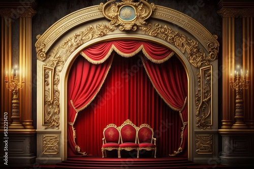 An ornate stage with red curtain and two chairs. Generative AI.