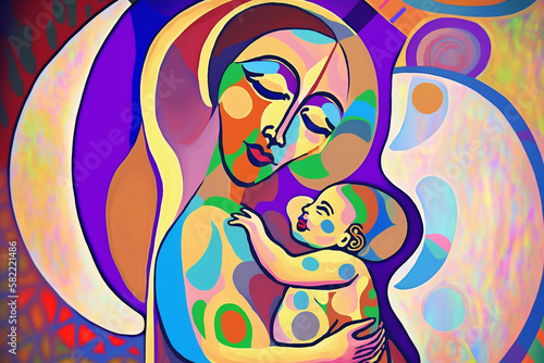 mãe com filho, arte colorida dia das mães