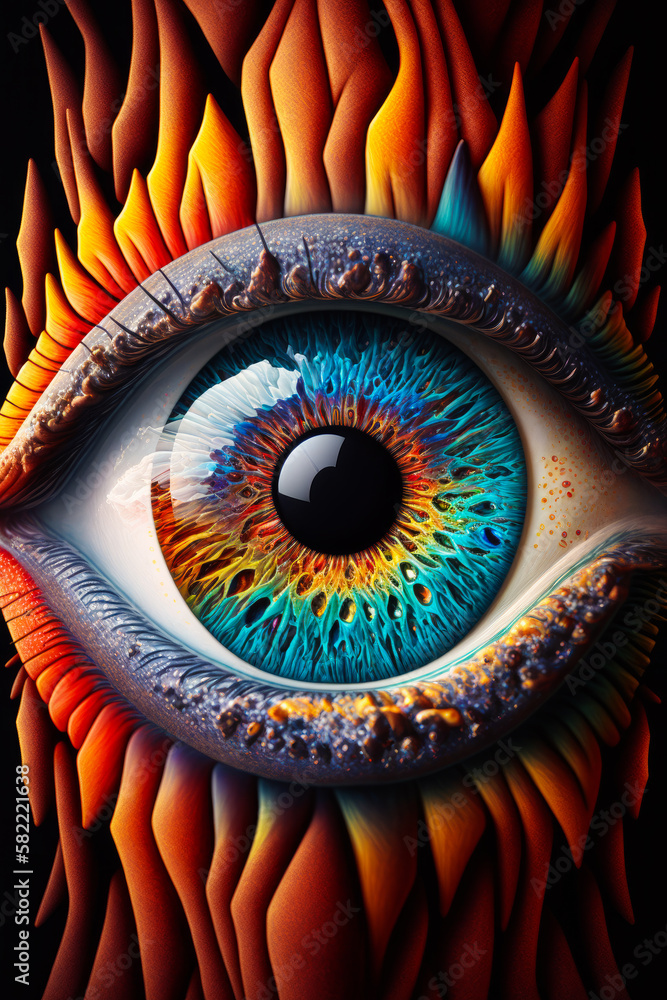 Image of an eye with flames around it. Generative AI.