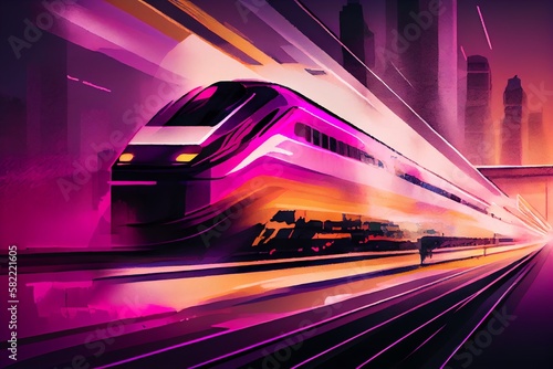 Watercolor Illustration of a HighSpeed Train Rushing At Night Through A Modern City In A Business District, Neon Blur Pink Color Style. Generative AI
