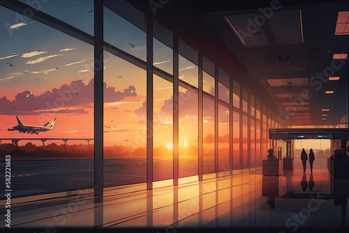 Airport at sunset  generative AI