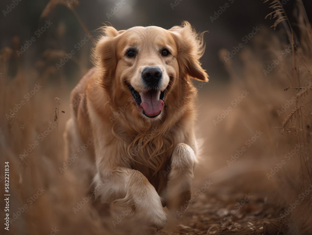 A Golden Retriever. Happy. Running in a field 