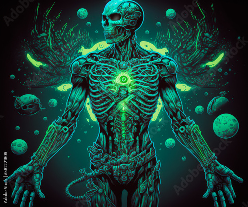 An image of skeleton with glowing green eyes. Generative AI.
