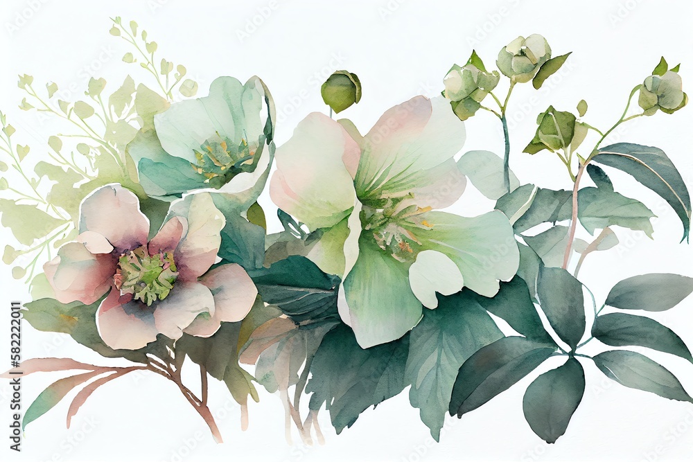 Naklejka premium Watercolor Illustration of a Floral Nature Banner With Hellebore Flowers Growing In Morning Haze. Generative AI