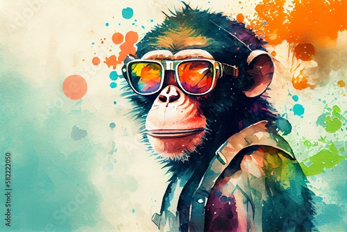 Watercolor Illustration of a Funny Monkey Wearing Sunglasses On A Colorful Background. Generative AI