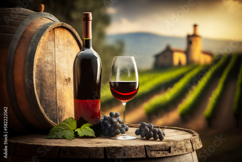 Glass of wine and bottle of red wine on barrel in front of vineyard. Generative AI.