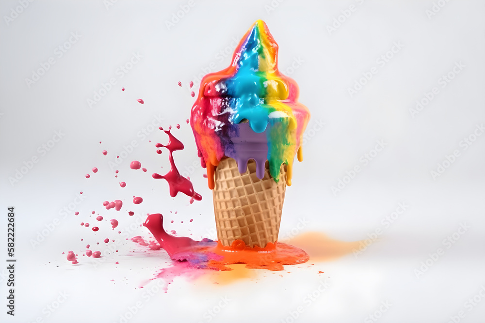 Explosion of colorful ice cream in a waffle cup, white background. Generative AI content. Explosion of colorful ice cream in a waffle cup, white background. Generative AI content.