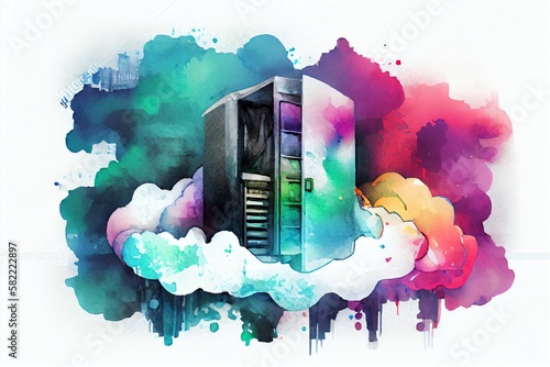 Watercolor Illustration of a Cloud Storage Community. Generative AI photo