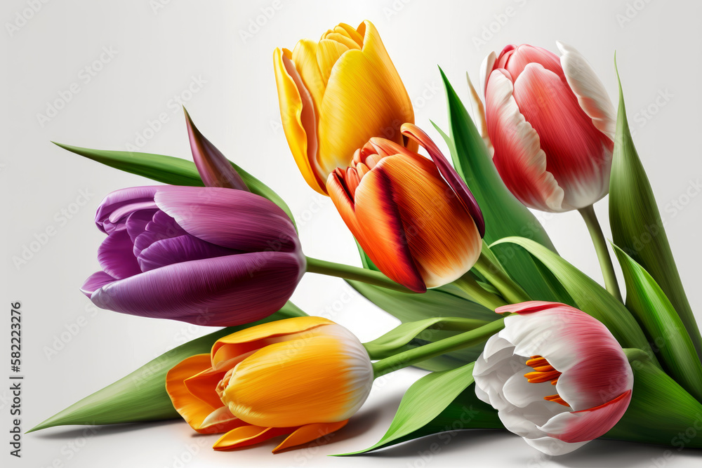 Obraz premium Colorful tulips realistic, white background, Generative AI