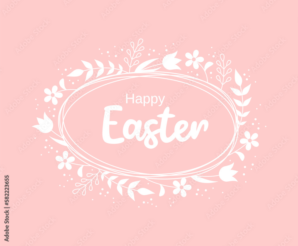 Easter greeting card. White frame of flowers and leaves with typography inside on a pastel pink background. Flat vector illustration