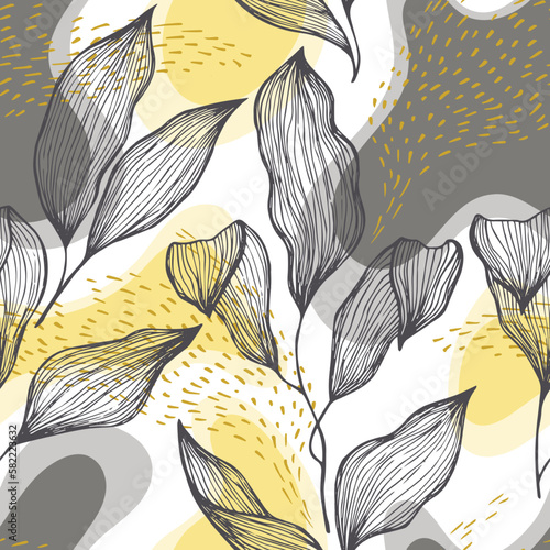 Sketch style doodle line texture leaves over stains and dots seamless vector ...
