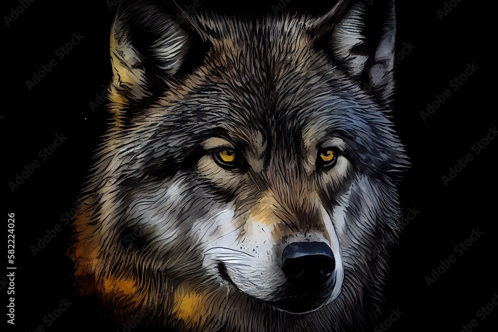 Watercolor Illustration of a Wolf Head Portrait Close Up Image Of A Dark Wolf Showing The Beautiful Yellow Eyes, On Black Background. Generative AI