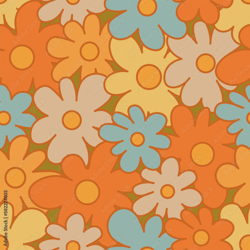 70s Retro Seamless Pattern With Stylized Flowers. 60s and 70s Retro style and Aesthetic. Colorful retro design. Seamless Flowers vintage background, vector illustration